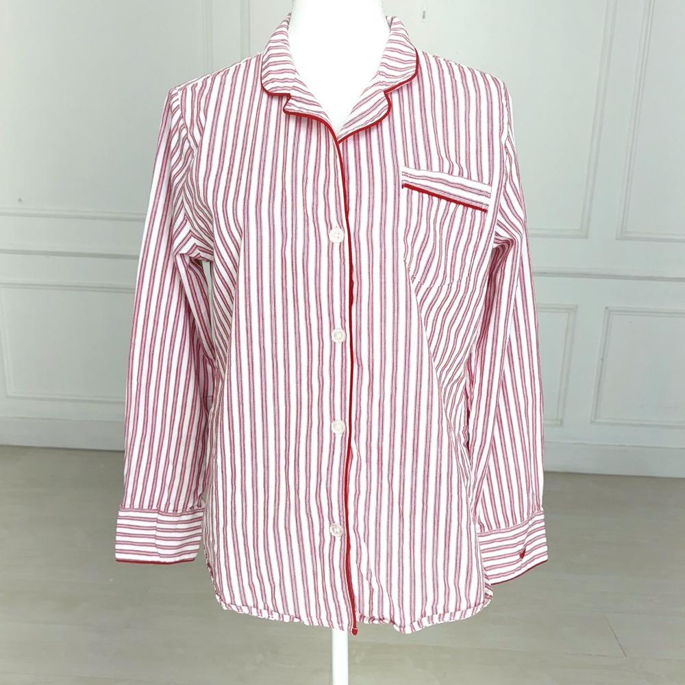 Petite Plume Womens Red White Striped Cotton‎ Pajama Top Button Front Size M - Picture 2 of 7